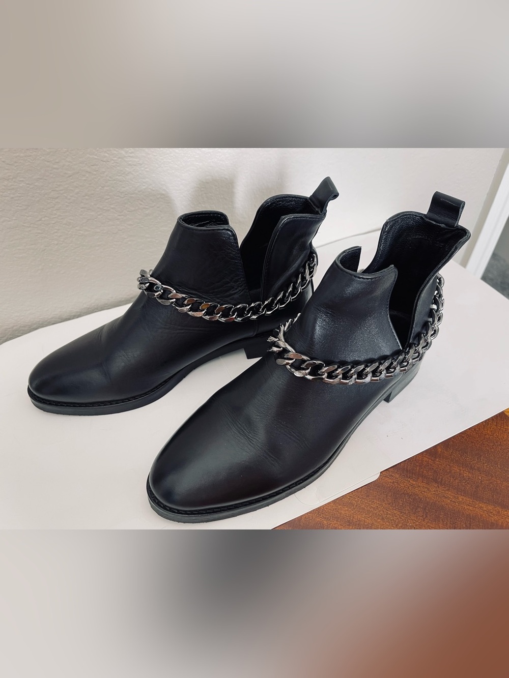 The Attico Black Leather Ankle Boots with Silver Chain Detail